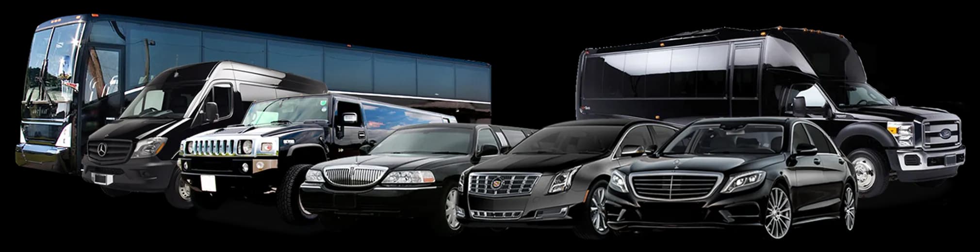 Get your quote A lineup of black chauffeur vehicles: a coach, a minibus, a stretch Hummer, a Lincoln stretch limousine, executive sedans and a party bus