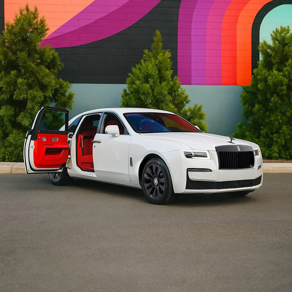 White 2024 Rolls-Royce Ghost with All Red Interior for wedding car rental in Rockville, MD