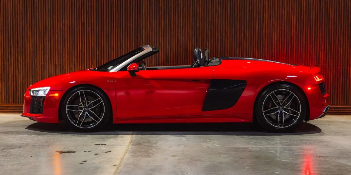 Red Audi R8 exterior with convertible roof for wedding car rental in Morris County, NJ