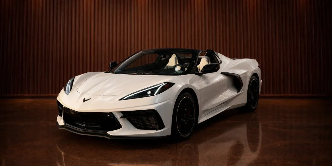 White Chevrolet Corvette with convertible roof for wedding car rental in Toms River, NJ