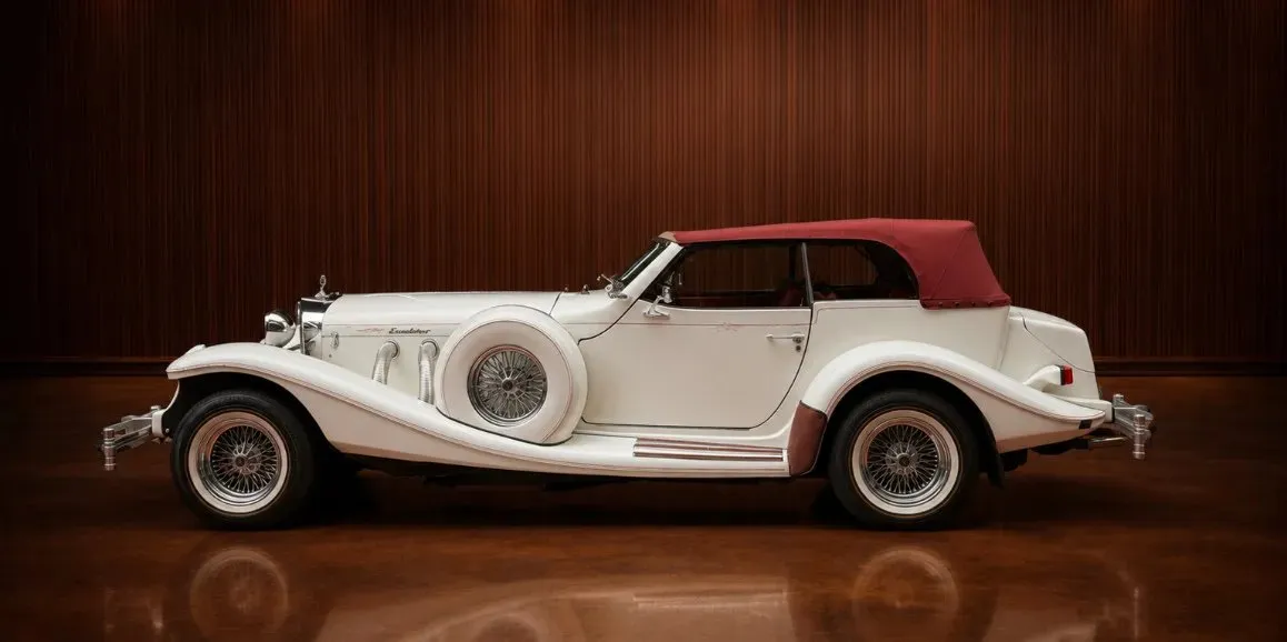 White Excalibur Phaeton (Vintage) exterior with convertible roof, photo 3 for wedding car rental in Toms River, NJ