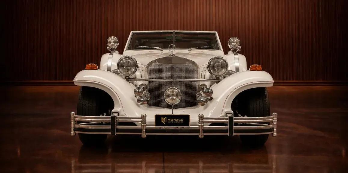 White Excalibur Phaeton (Vintage) exterior for wedding car rental in Toms River, NJ