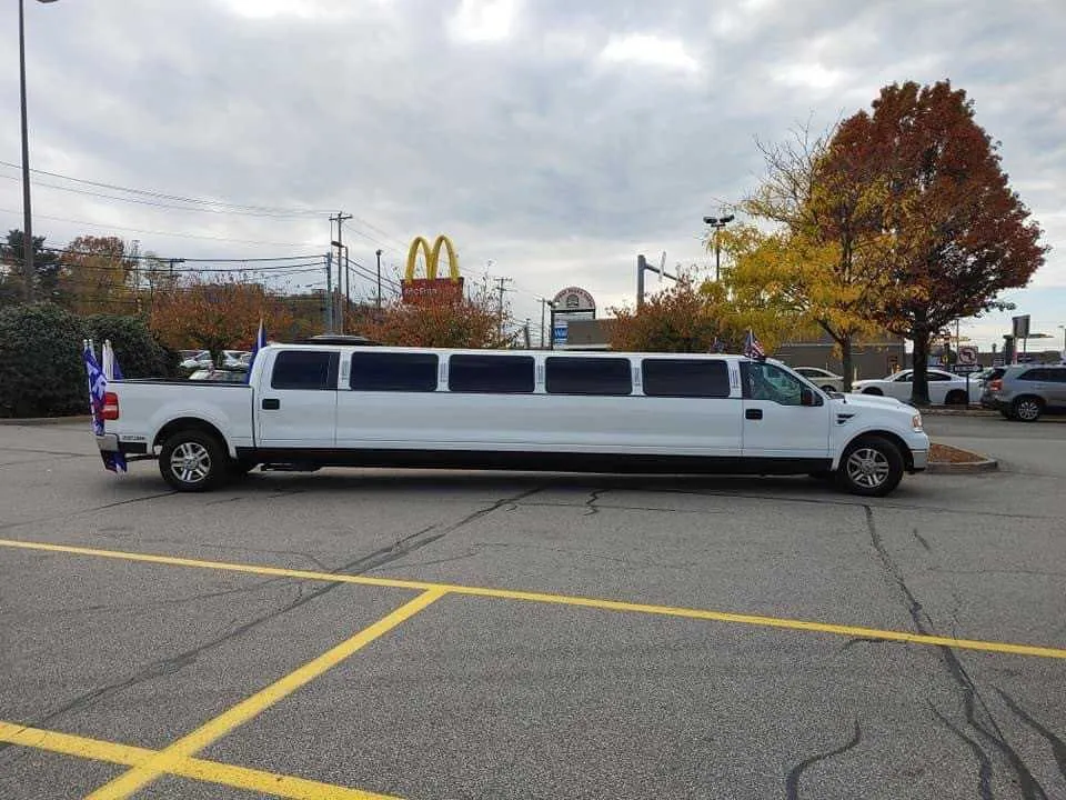 F150 Limousine White F150 Limousine with tinted windows for wedding car rental