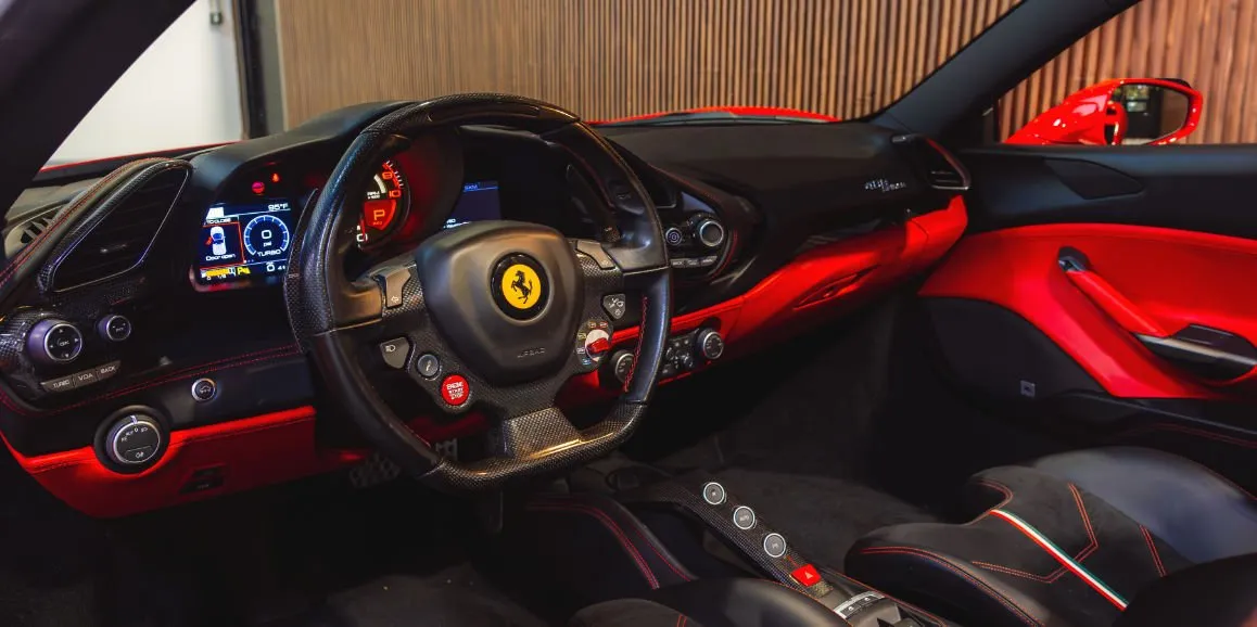 Ferrari 488 Spider interior for wedding car rental in Brodheadsville, PA