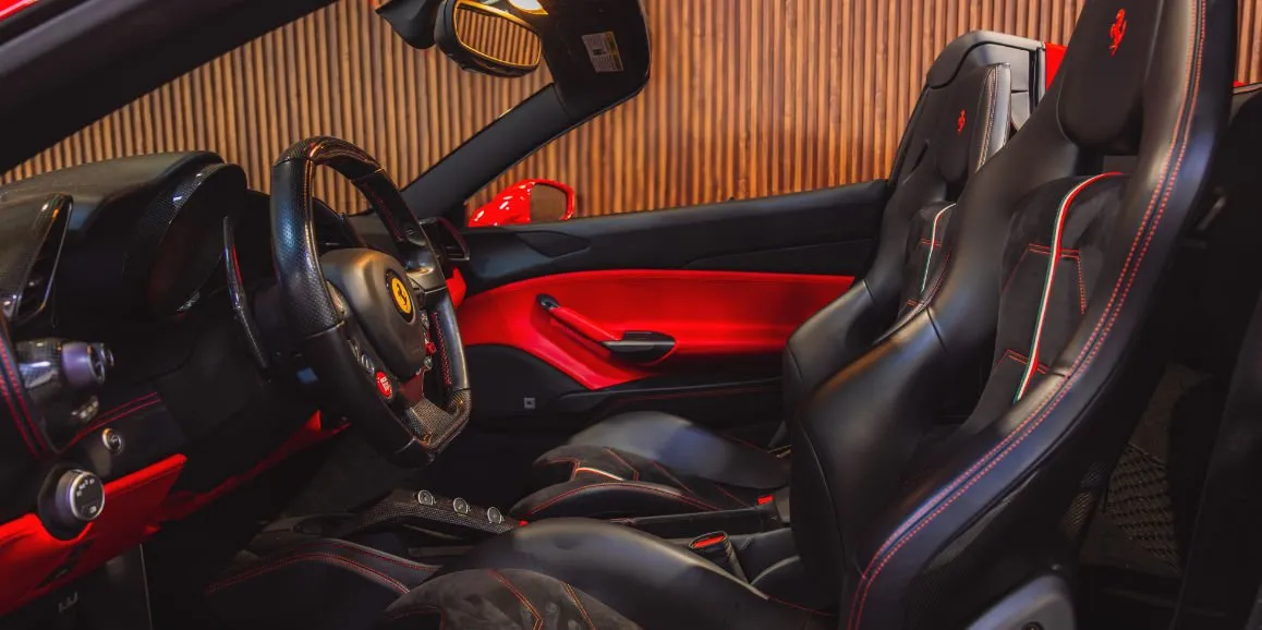 Ferrari 488 Spider interior with convertible roof for wedding car rental in Brodheadsville, PA