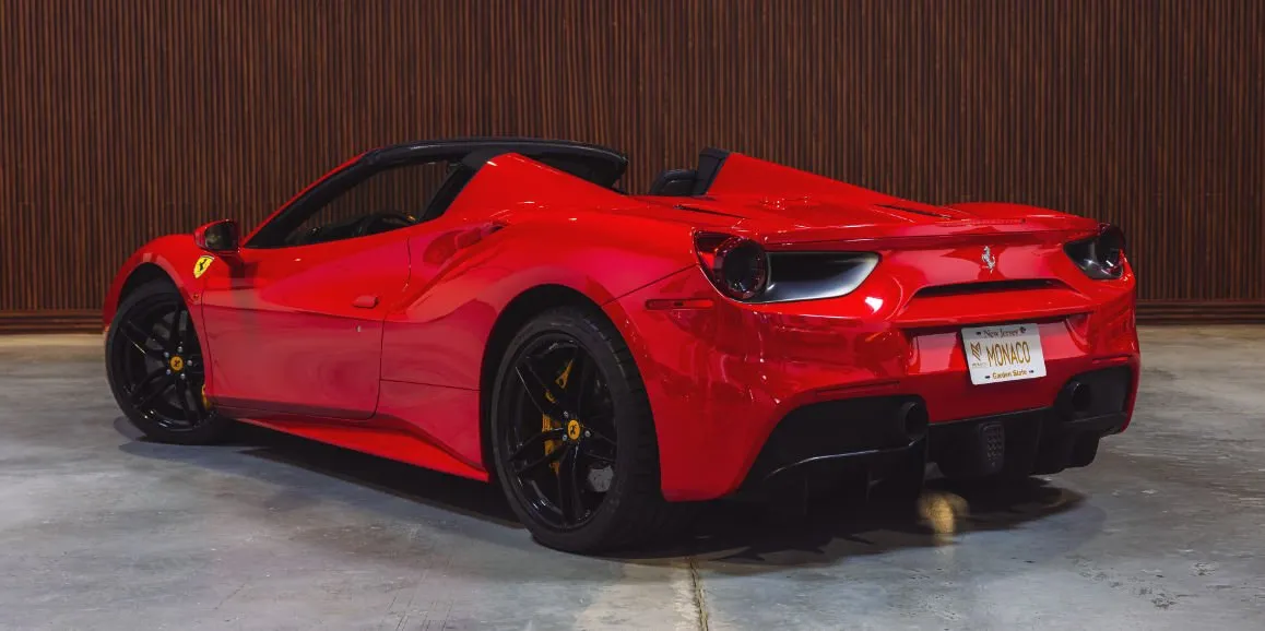Red Ferrari 488 Spider exterior with convertible roof, photo 4 for wedding car rental in Brodheadsville, PA
