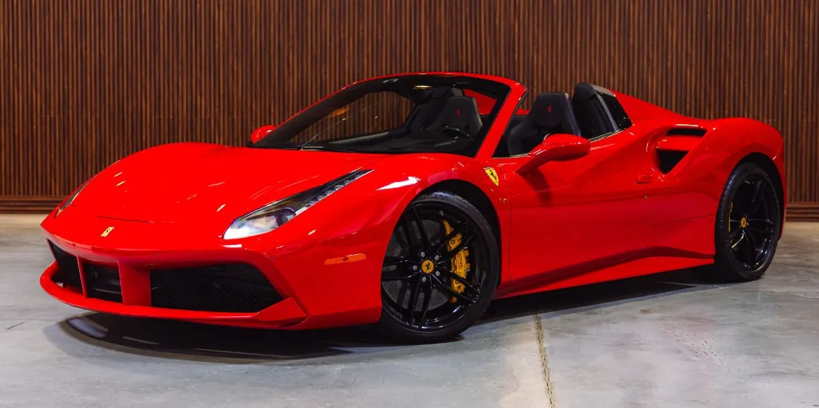 Red Ferrari 488 Spider with convertible roof for wedding car rental in Brodheadsville, PA