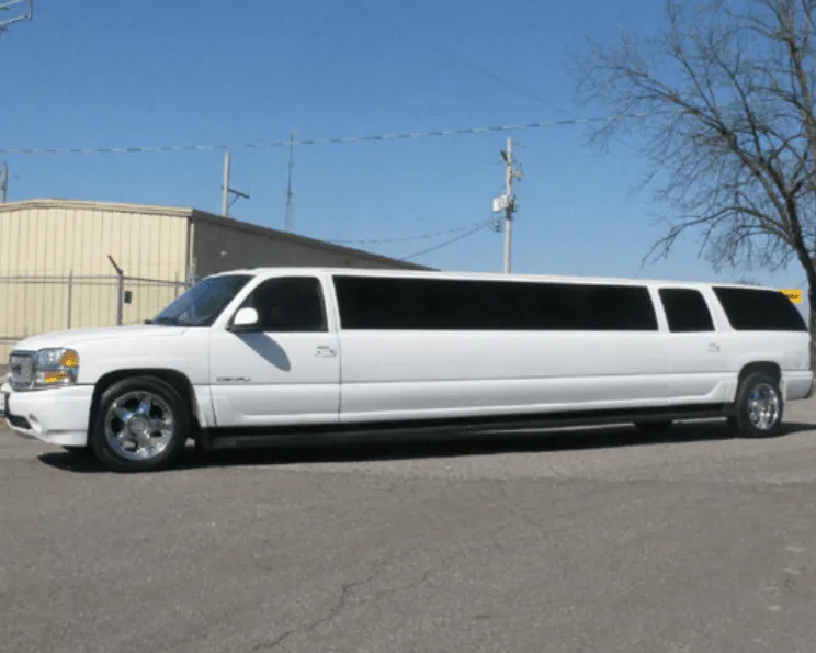 White GMC Denali Limousine exterior with tinted windows, photo 3 for wedding car rental