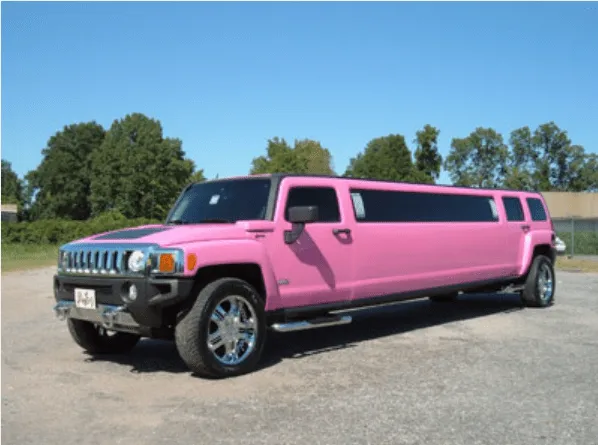 Pink Hummer Limousine Hummer Limousine finished in pink; tinted windows visible
