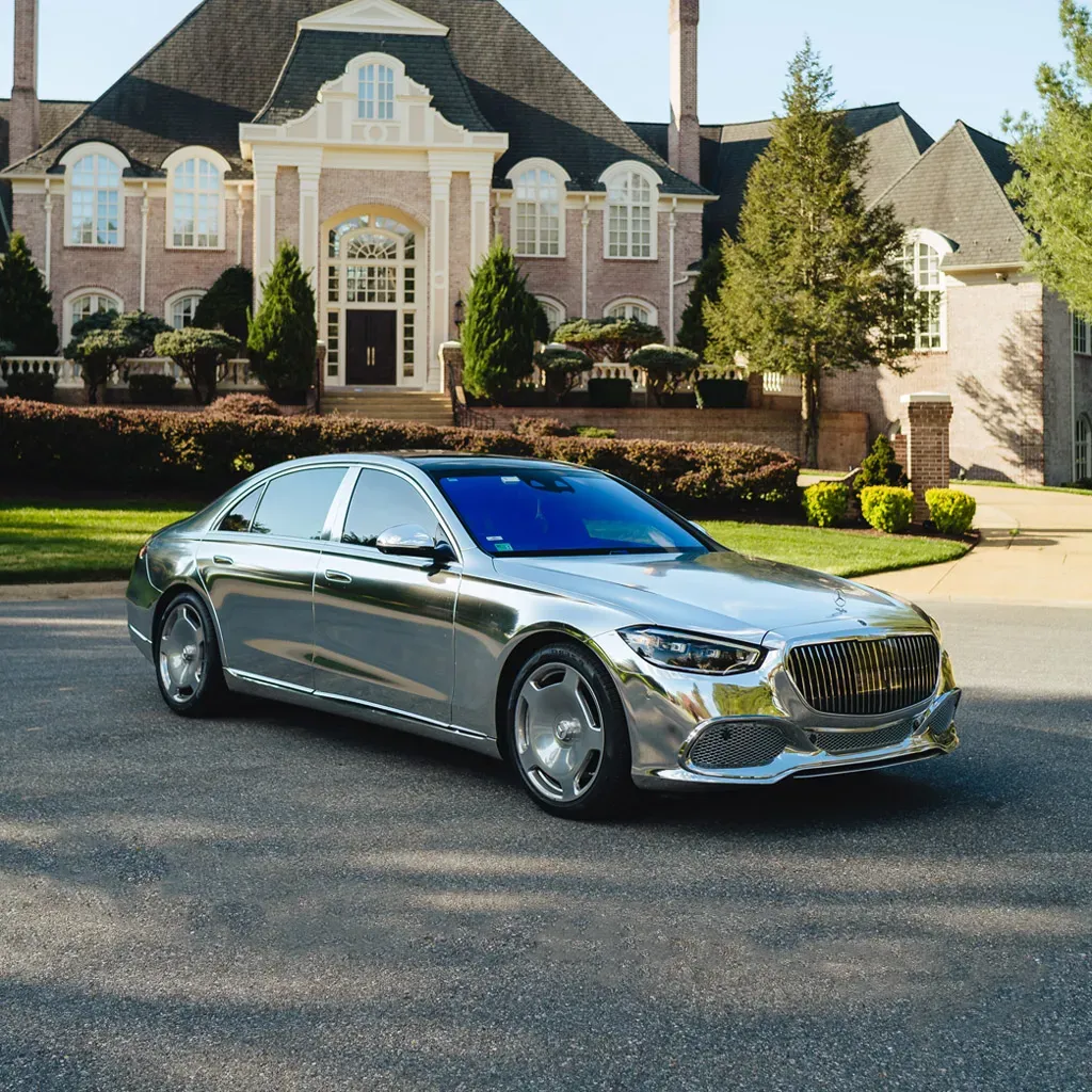 Silver ‘Kanye Maybach’ Full Chrome 2022 Mercedes-Benz S580 for wedding car rental in Rockville, MD