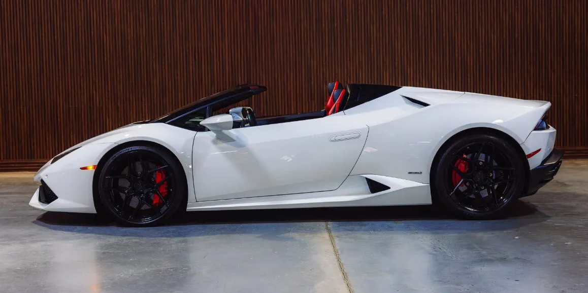 White Lamborghini Huracan exterior with convertible roof for wedding car rental in Brodheadsville, PA
