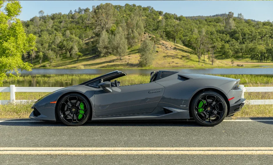 Gray Lamborghini Huracan LP610-4 Spyder with convertible roof for wedding car rental in Napa, CA