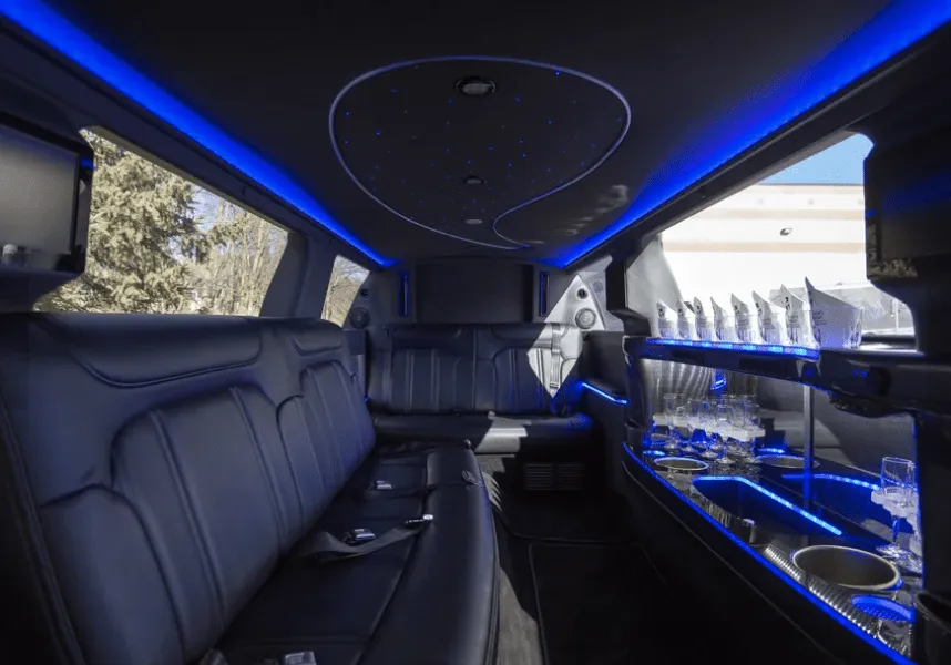Lincoln MKT Limousine interior with LED accent lighting, starlight or fiber-optic ceiling and bar area for wedding car rental