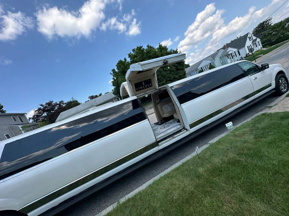 White 18 Passenger Lincoln Navigator exterior with tinted windows, photo 4 for wedding car rental