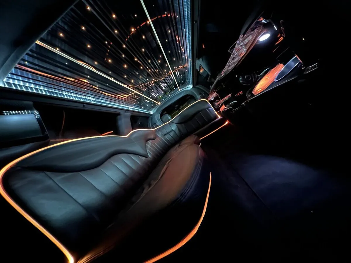 Lincoln Town Car Limousine interior with LED accent lighting, LED ceiling lighting and starlight or fiber-optic ceiling, photo 6 for wedding car rental in Windsor, CT