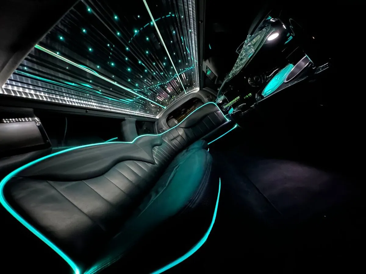 Lincoln Town Car Limousine interior with LED accent lighting, LED ceiling lighting and starlight or fiber-optic ceiling, photo 8 for wedding car rental in Windsor, CT