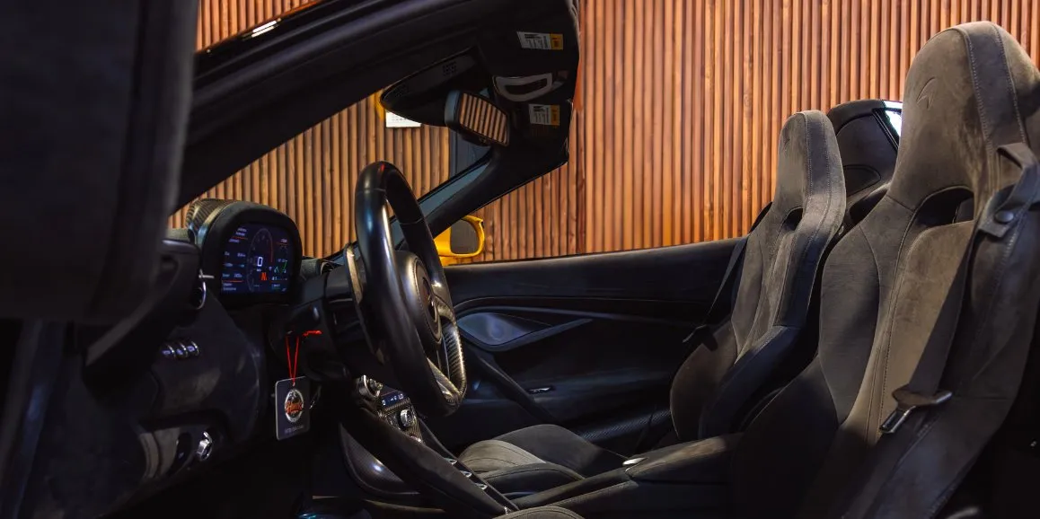McLaren 720S interior with convertible roof for wedding car rental in Morris County, NJ