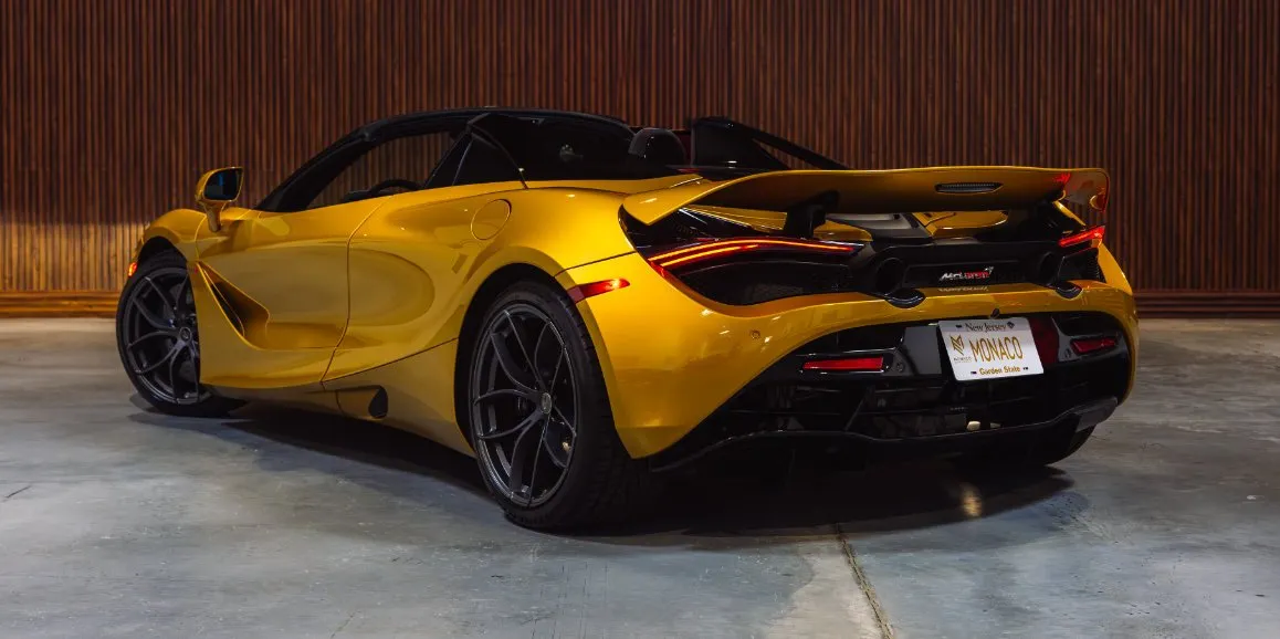Yellow McLaren 720S exterior with convertible roof, photo 4 for wedding car rental in Morris County, NJ