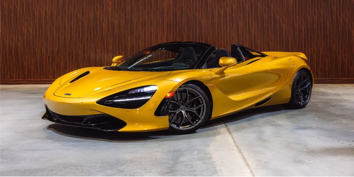 Yellow McLaren 720S with convertible roof for wedding car rental in Morris County, NJ
