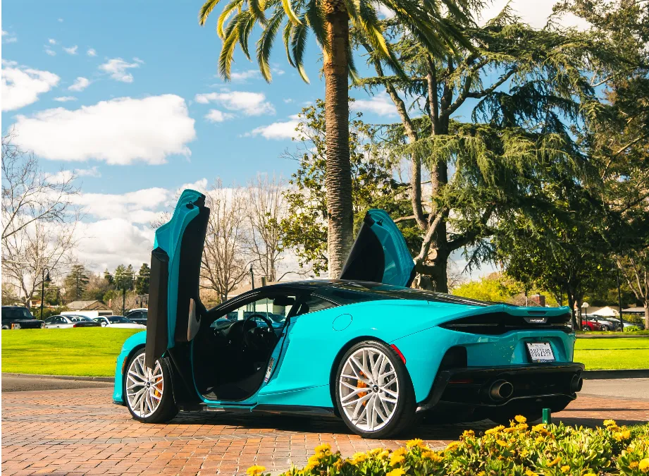 Blue McLaren GT exterior for wedding car rental in Napa, CA