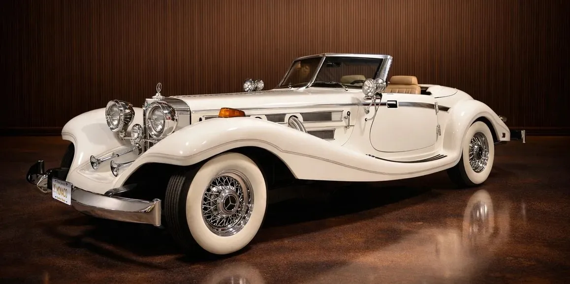 White Mercedes-Benz 500K with convertible roof for wedding car rental in Toms River, NJ