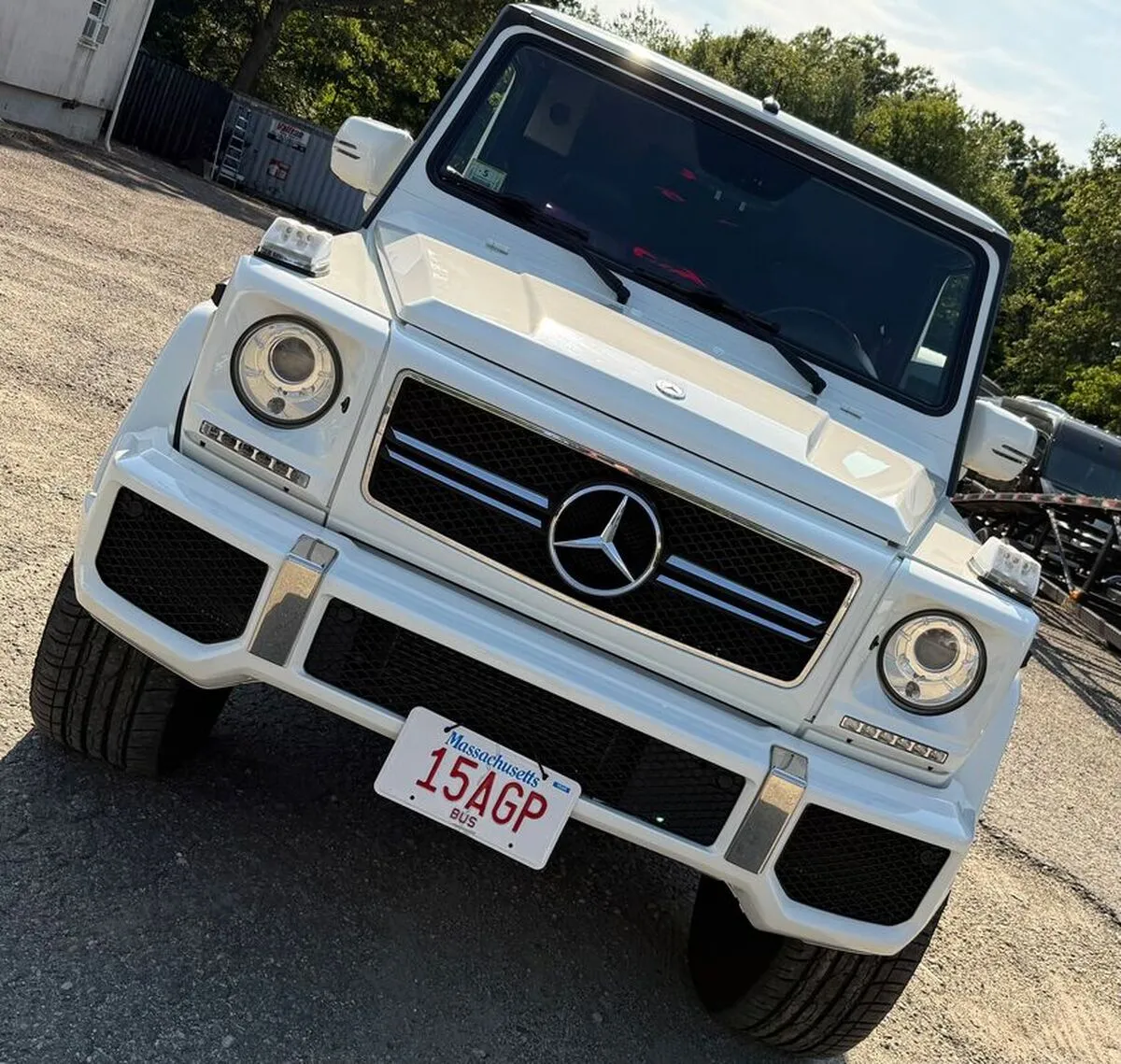 White Mercedes-Benz G Wagon exterior for wedding car rental