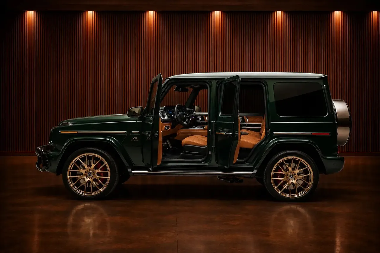 Green Mercedes-Benz G63 AMG exterior for wedding car rental in Morris County, NJ