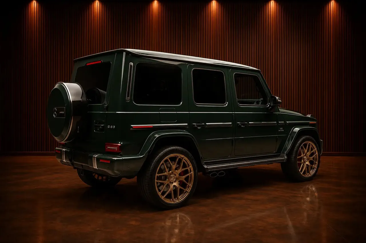 Green Mercedes-Benz G63 AMG exterior, photo 3 for wedding car rental in Morris County, NJ