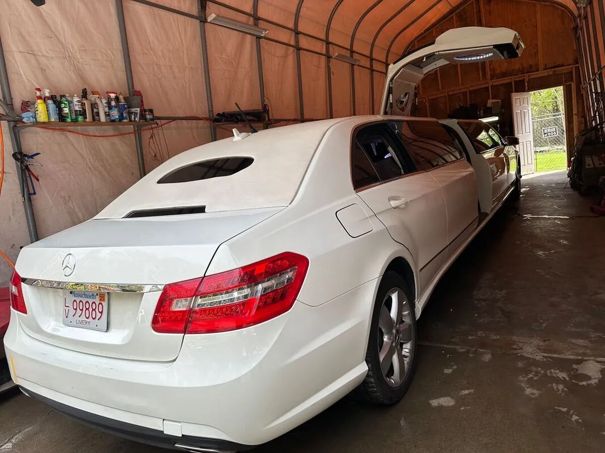 White Mercedes-Benz Jet Doors Limousine exterior with bridal (jet) door for wedding car rental in Capitol Planning Region, CT