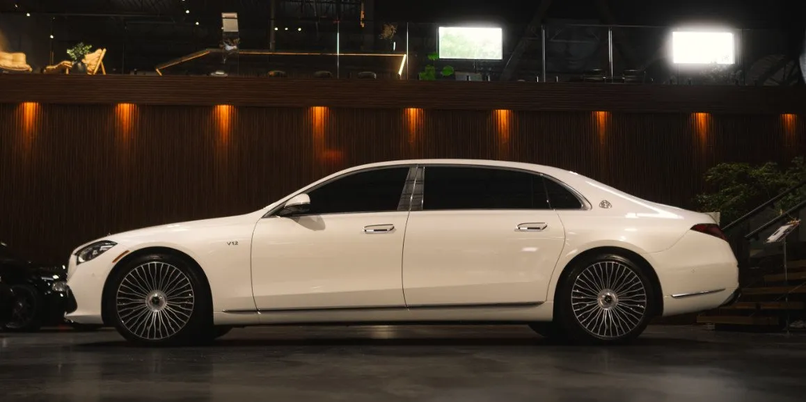 White Mercedes-Maybach S-Class exterior for wedding car rental in Toms River, NJ