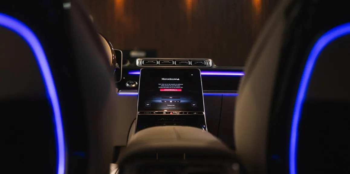Mercedes-Maybach S-Class interior with LED accent lighting for wedding car rental in Toms River, NJ