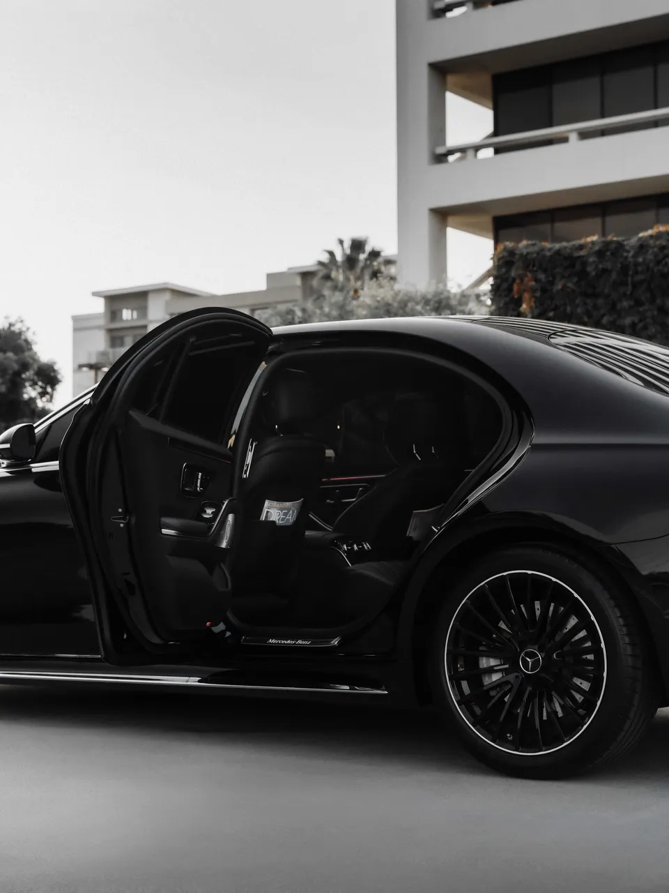 Black Mercedes S Class exterior for wedding car rental