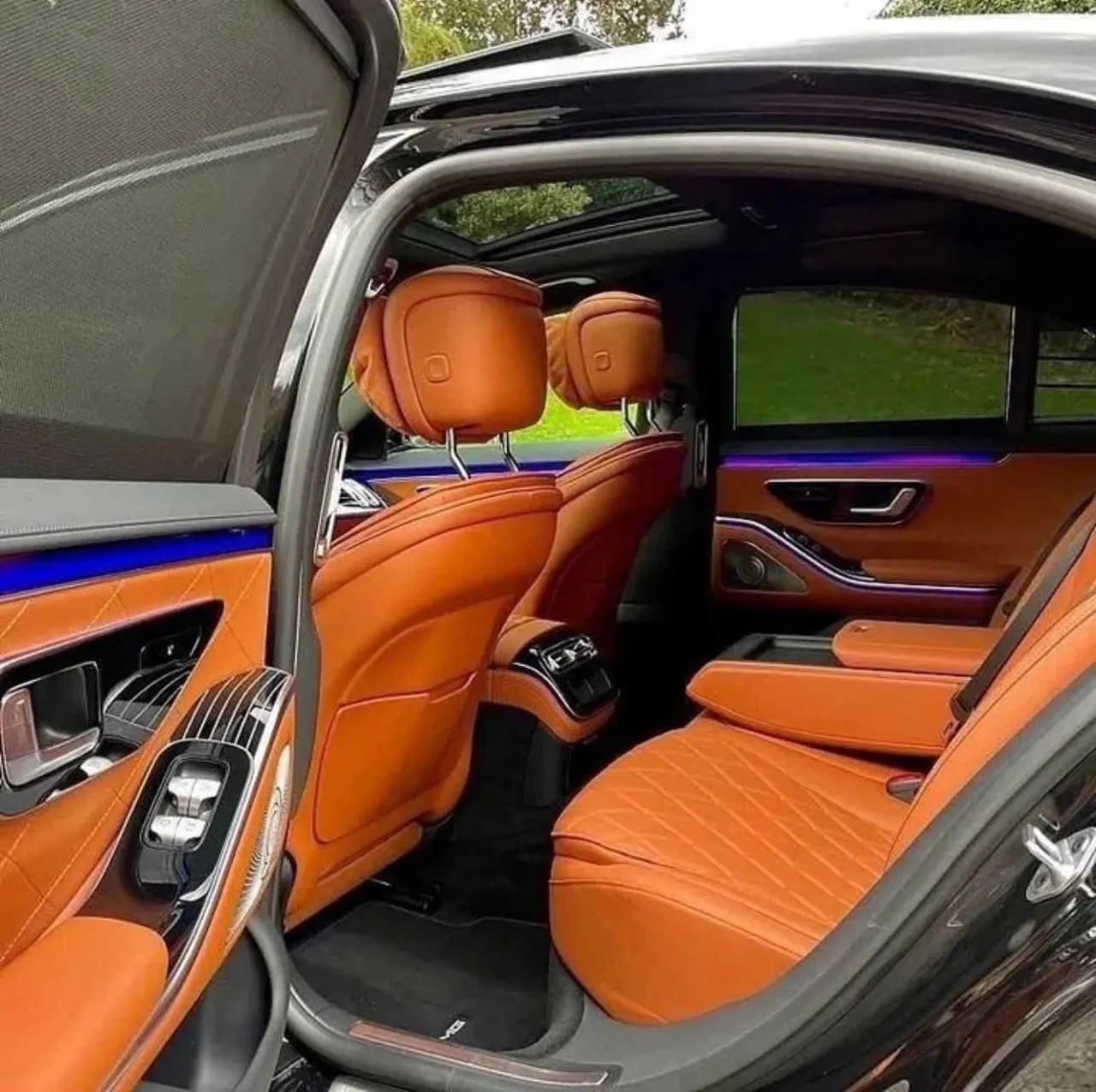 Mercedes-Benz S-Class interior with LED accent lighting for wedding car rental in North Canton, CT