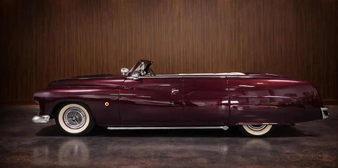 Red Mercury Lead Sled 1951 Vintage exterior with convertible roof for wedding car rental in Toms River, NJ