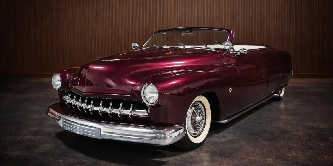 Red Mercury Lead Sled 1951 Vintage with convertible roof for wedding car rental in Toms River, NJ