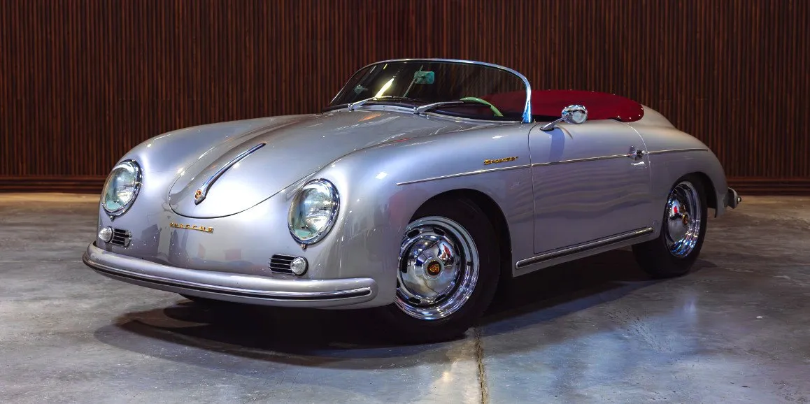 Silver Porsche Speedster 1956 (Vintage) exterior with convertible roof for wedding car rental in Toms River, NJ