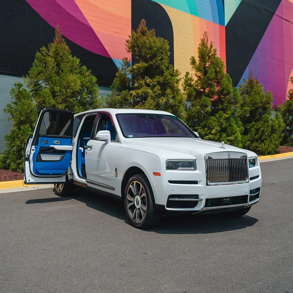 White Rolls-Royce Cullinan with All Blue Interior for wedding car rental in Rockville, MD
