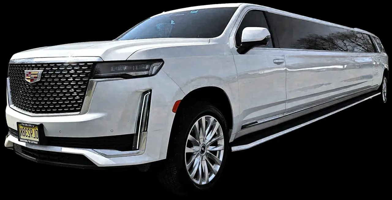 White Cadillac Escalade Super Stretch Limousine for wedding car rental