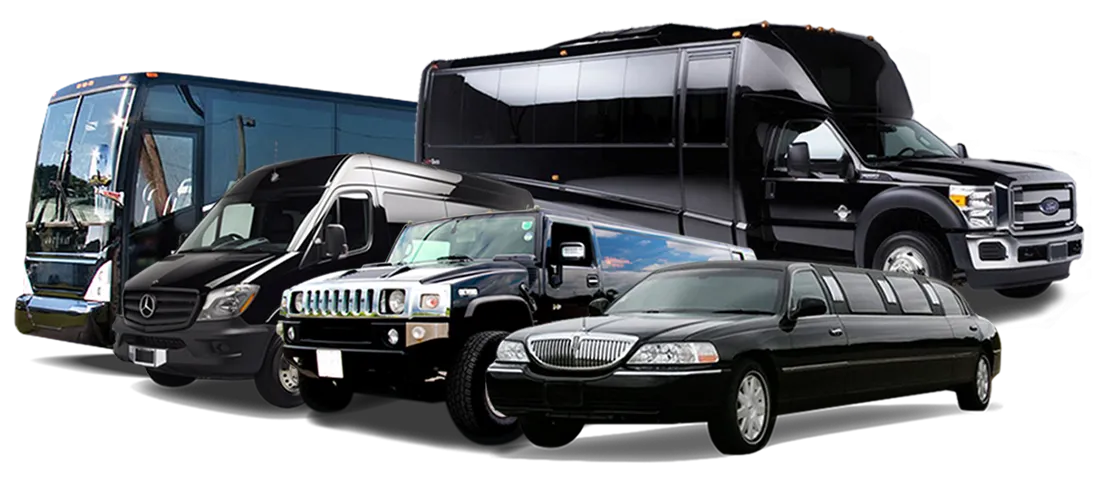 Get your quote A lineup of black chauffeur vehicles: a coach, a minibus, a stretch Hummer, a Lincoln stretch limousine, executive sedans and a party bus