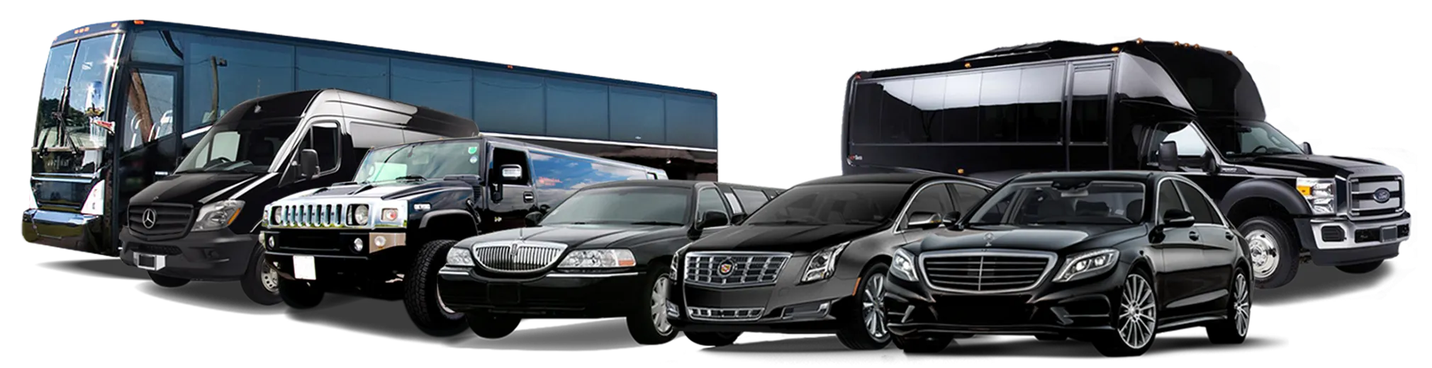 Get your quote A lineup of black chauffeur vehicles: a coach, a minibus, a stretch Hummer, a Lincoln stretch limousine, executive sedans and a party bus